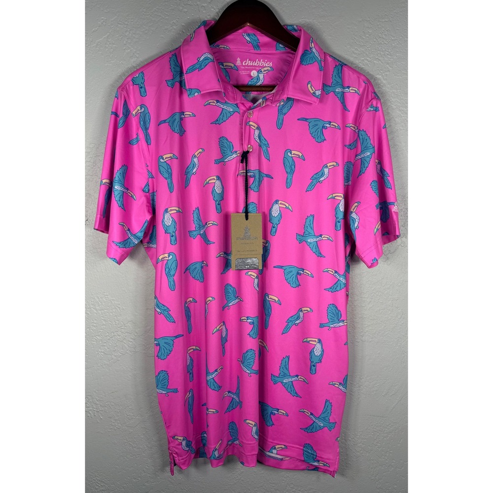 Chubbies Mens The Toucan Do It Performance Polo Pink Blue Bird Print Large NEW